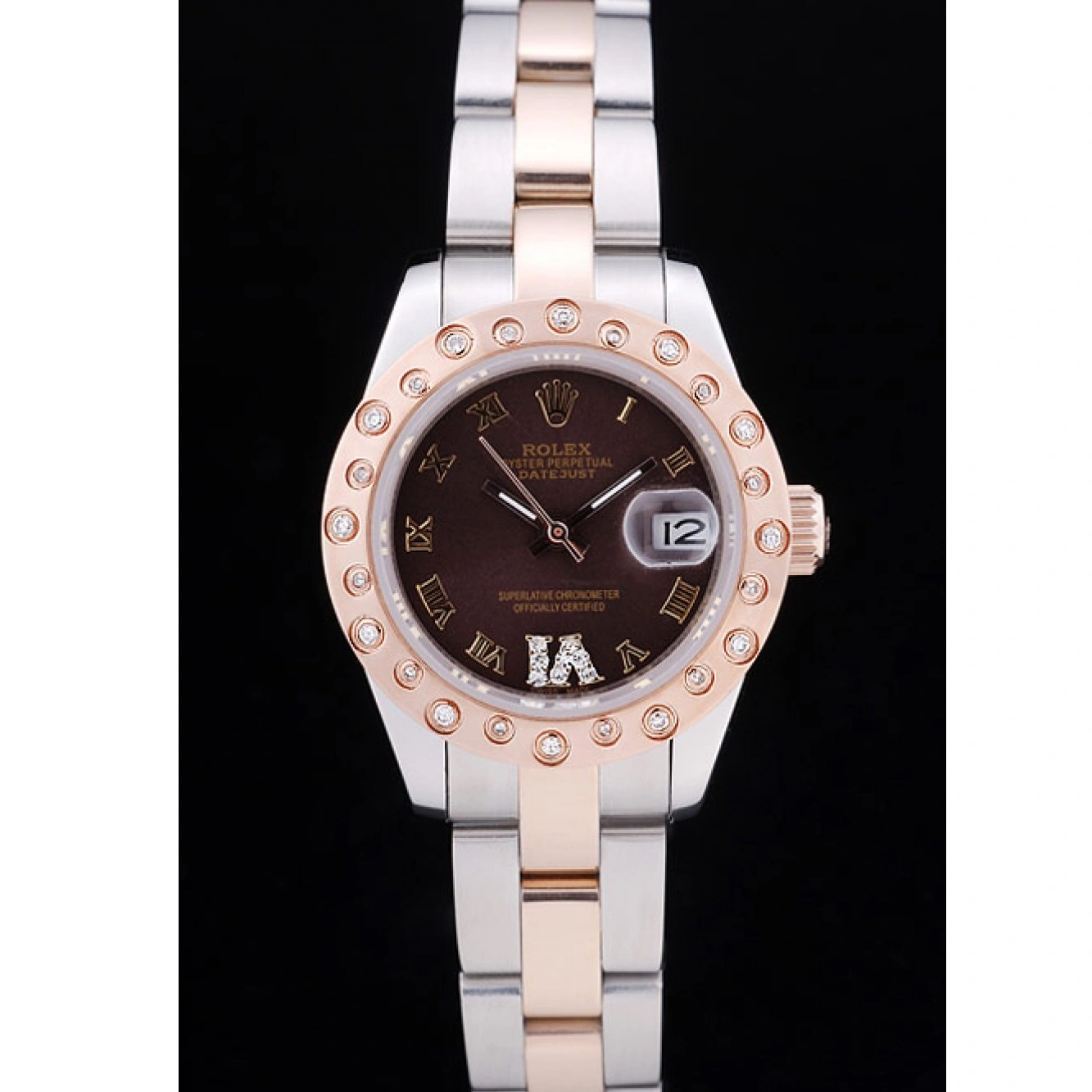 Best AAA Replica Sites Rose Brown Diamonds Bezel Gold Polished Dial Datejust 7475 Rolex 1015